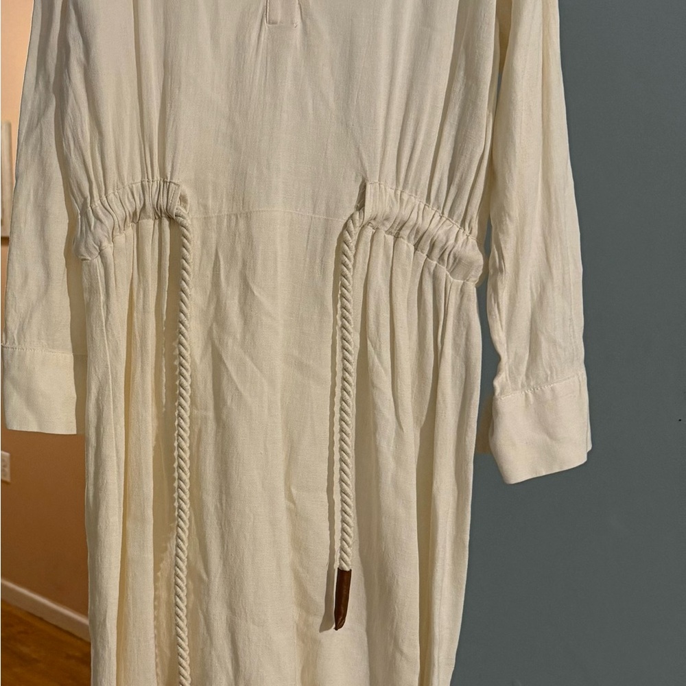 Cream Long-Sleeve Dress with Drawstring